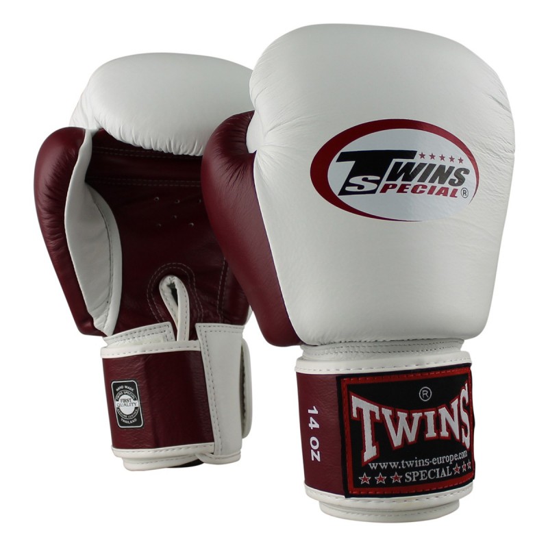 Gants de Boxe Twins blanc et rouge bordeau "Bgvl 3", Muay Thai, Boxe Thai, Kickboxing, K-1